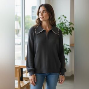 Ott Elegant Black V-Neck Sweater with Embroidered Edging NWT